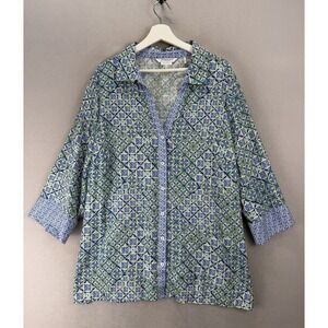 Foxcroft NYC 22W Tunic Blouse 3/4 Sleeve Back Button Mosaic Tile Print Cotton